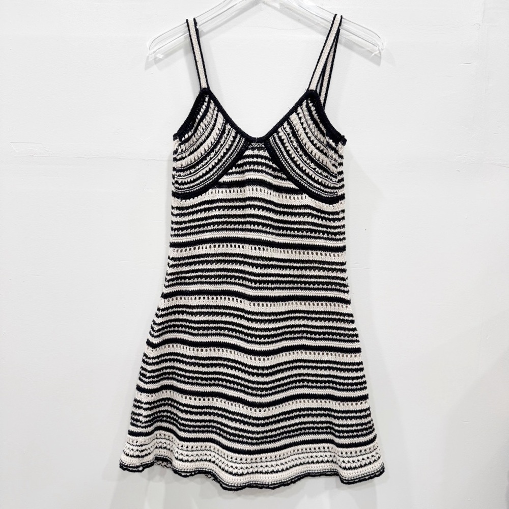 Zara Knit Crochet Mini Dress Strappy Black White Cotton Retro Vacation